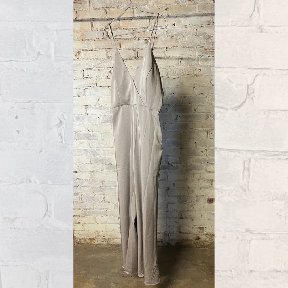 aura v-neck satin bridesmaid jumpsuit in sand [size 10]